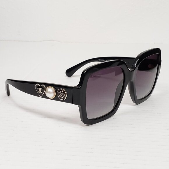 Chanel Acetate Charms Pearl Square Sunglasses 5479-A Black Gold - Picture 1 of 14